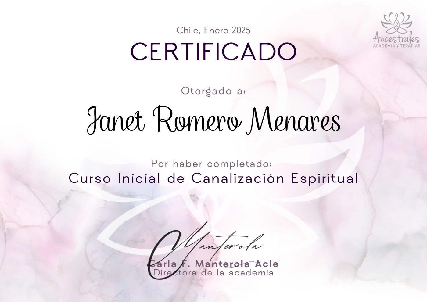 Certificado del Curso Inicial de Canalización Espiritual, Ancestrales Academia y Terapias, enero de 2025