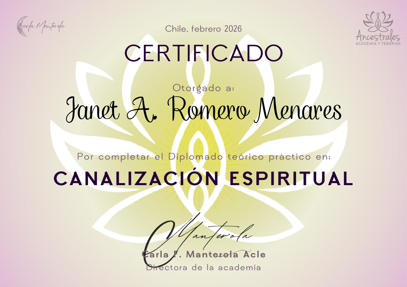 Certificado del Diplomado teórico práctico en Canalización Espiritual, Ancestrales Academia y Terapias, febrero de 2026