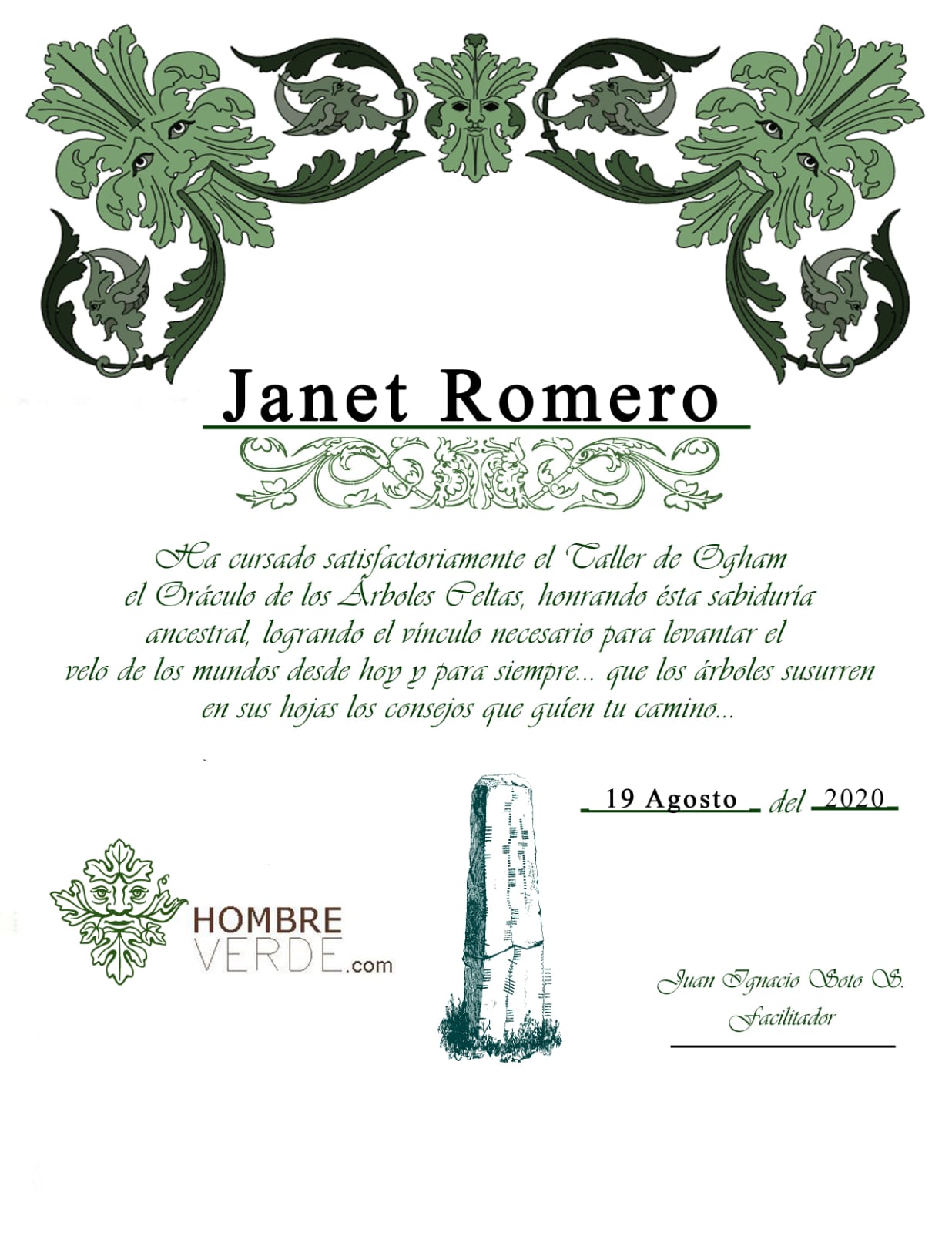 Certificado del Taller de Ogham, el Oráculo de los Árboles Celtas, Hombre Verde, agosto de 2020