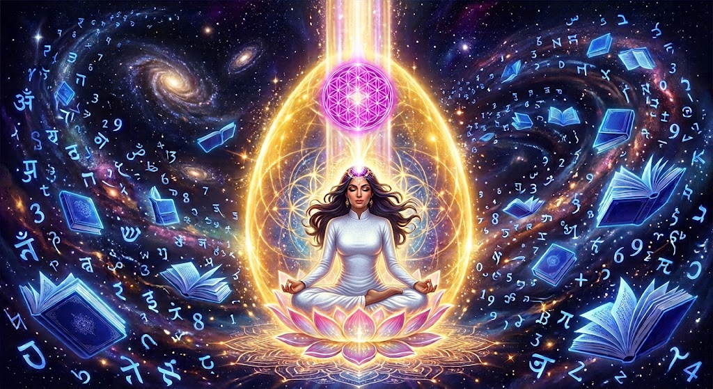 Mujer meditando sobre una flor de loto, rodeada de libros, símbolos y galaxias que representan los registros akáshicos