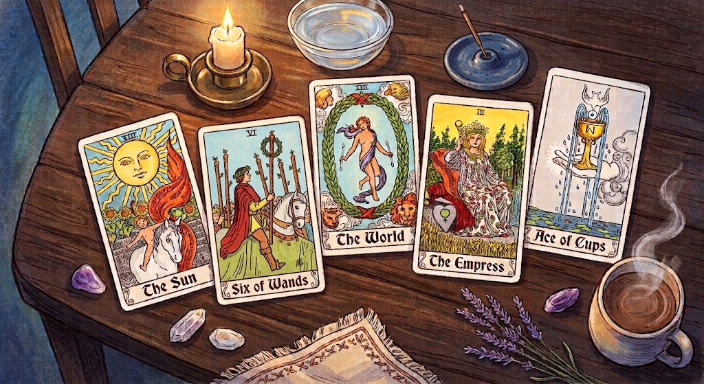 Cartas de tarot sobre una mesa de madera con una vela, un cuenco de agua, incienso y cuarzos